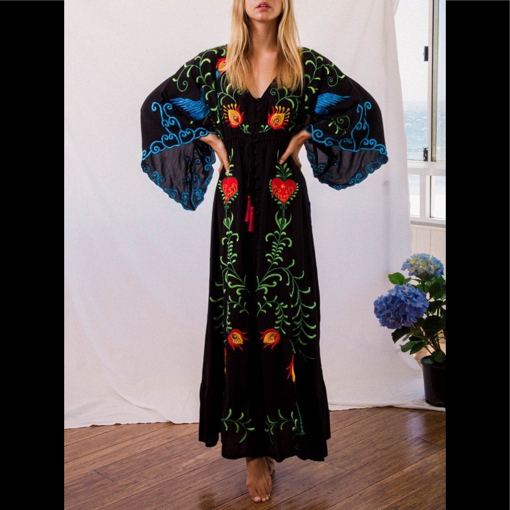 Bohemian Embroidered Black Hearts Magic Long Maxi Gown In Black 5 Star ⭐️ Maxi - Picture 9 of 10